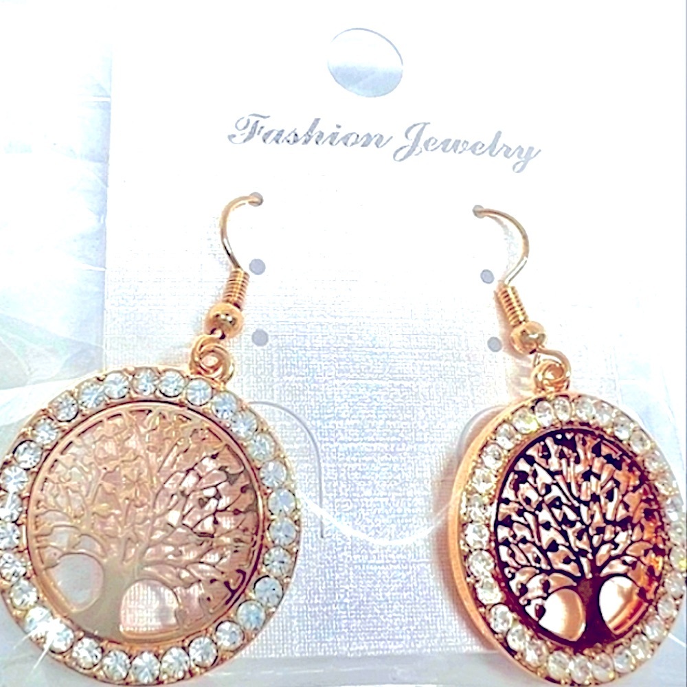 Beautiful Rose Gold "tree of life" Dangle Earrings Crystal Rhinestones NEW